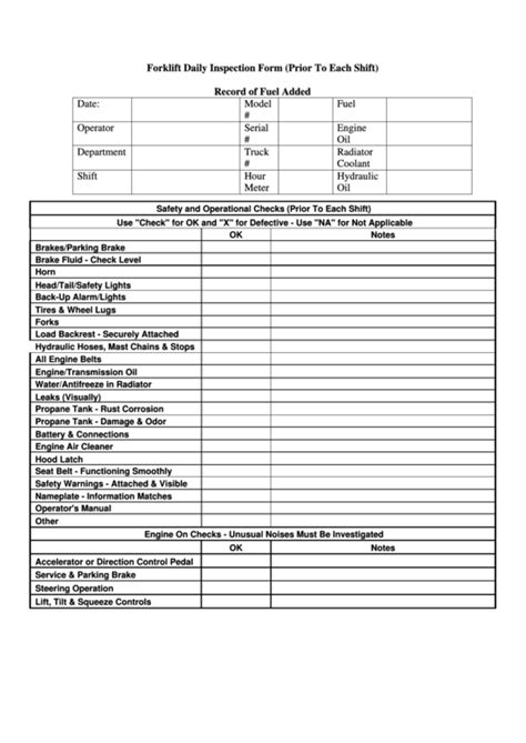 Forklift Daily Inspection Form Prior To Each Shift Printable Pdf Download