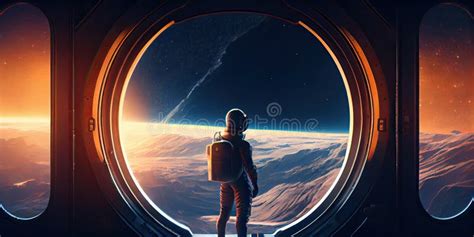 Young Boy Looking Out The Window In A Spaceship Stock Illustration