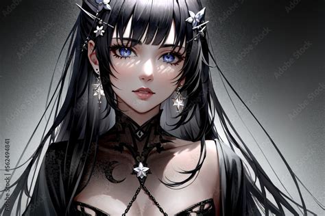 Anime Girl With Black Hair And Blue Eyes And A Black Dress Stock