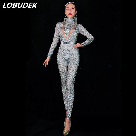 Buy High End Female Silvery Gray Crystals Jumpsuit