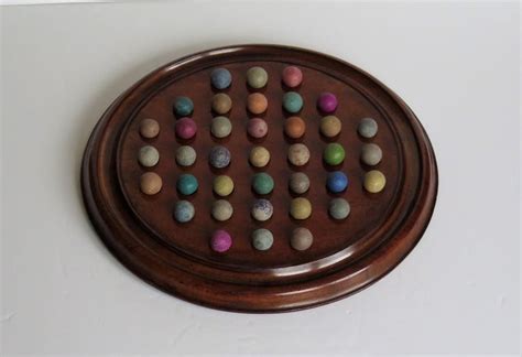 Marble Solitaire Game Mahogany Board 37 Handmade Clay Stone Marbles At