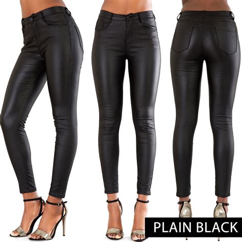 Women Black High Waist Leather Style Lace Up Skinny Trousers Size 8 10