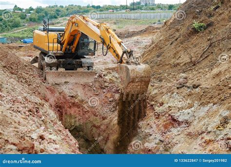 Excavator Digging A Trench For The Pipeline Stock Image Image Of
