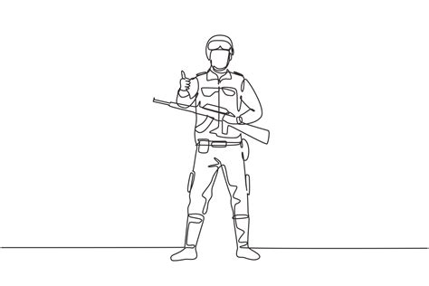 Continuous One Line Drawing Soldiers Stand With Weapons Full Uniforms