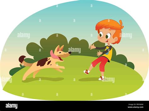A Boy And His Dog Playing In The Park Stock Vector Illustration Of D61