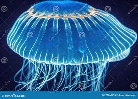 Dancing Neon Blue Glowing Jellyfish Floating Bell In Water Underwater