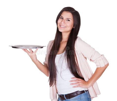 Beautiful Woman With An Empty Tray Stock Image Image Of Consumerism Invitation