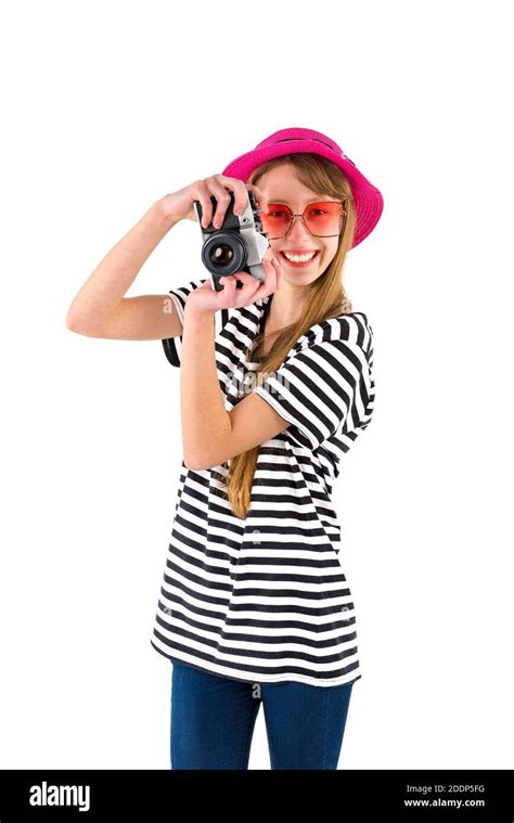 Happy Hipster Girl Holding Vintage Camera In Studio White Isolated