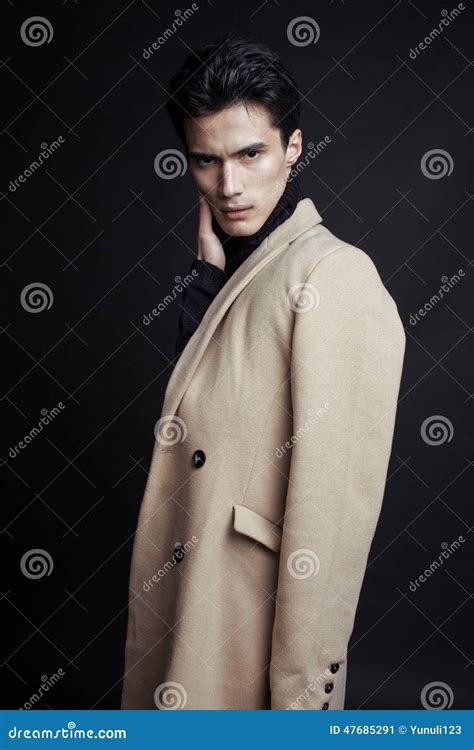 Cool Real Young Man In Coat On Black Background Stock Image Image Of