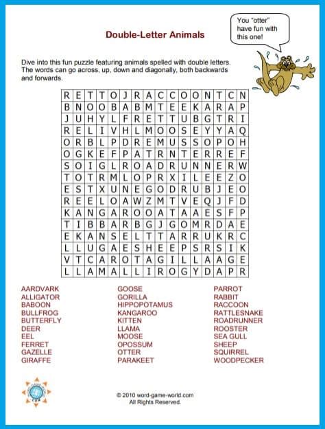 Fun Word Search For Kids Double Letter Animals