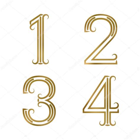 One Two Three Four Golden Numbers Font Of Lines With Flourishes In