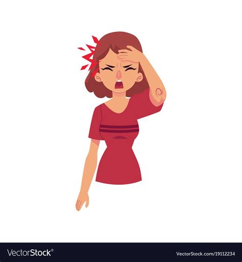 Woman Having Headache Migraine Pressing Hand To Her Forehead Cartoon