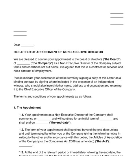 Non Executive Director Appointment Letter Template