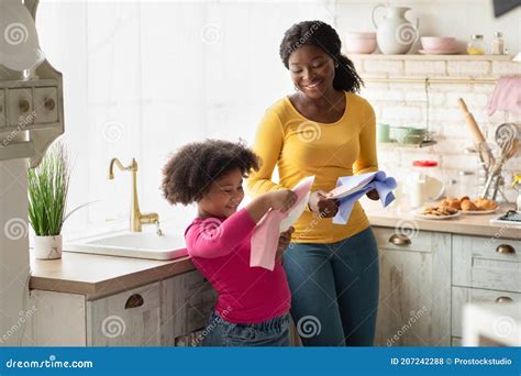 Cute African American Girl Helping Mother With Household Wiping Dishes