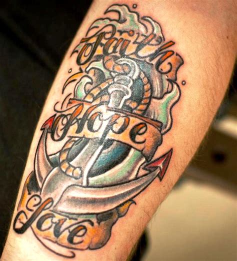 Faith Hope Love Banner And Anchor Arm Tattoo