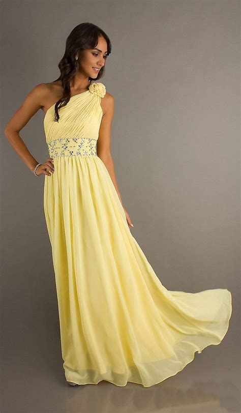 Chiffon Flowy Yellow Evening Dress One Shoulder Ruching Empire Yellow