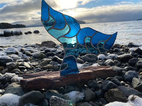 Stained Glass Whale Tail On Driftwood Etsy