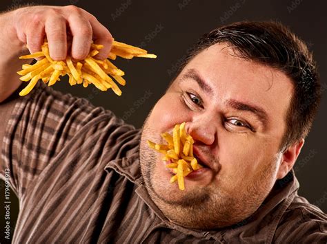 Diet Failure Of Fat Man Eating Fast Food Overweight Person Who Spoiled