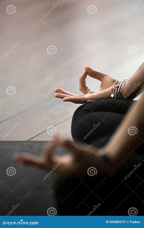 Closeup Of Mudra Gesture Performed With Female Fingers Padmasa Stock Image Image Of Asana