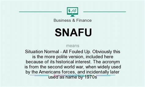 SNAFU Situation Normal All Fouled Up Obviously This Is The More Polite Version Included