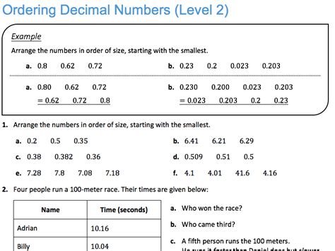 Ordering Decimal Numbers Level 2 Teaching Resources
