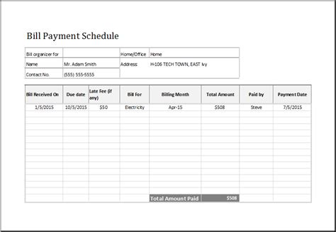Bill Payment Schedule Template Excel Printable Schedule Template