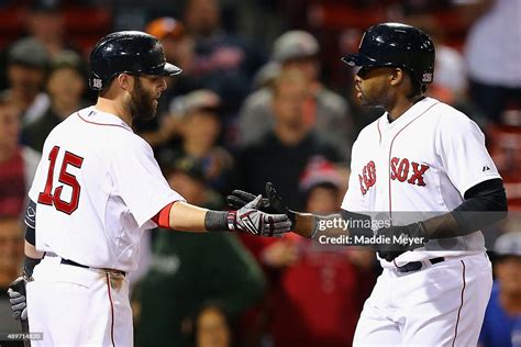 Dustin Pedroia Of The Boston Red Sox Congratulates Jackie Bradley Jr