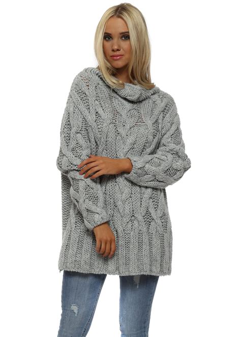 Grey Cable Knit Slouch Jumper