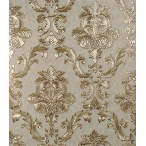 Luxury Grey Gold Textured Classic Damask Wallpaper