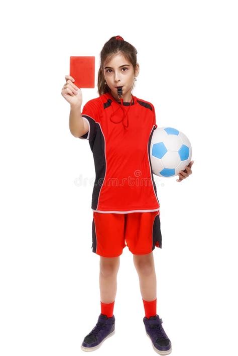 Kid In Sportswear Holding Soccer Ball And Giving Red Card Stock Image