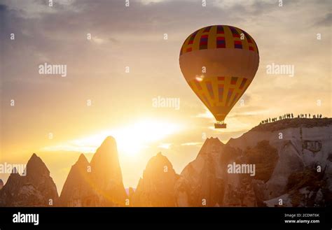 Hot Air Balloon Flying Over Cappadocia Turkey Stock Photo Alamy