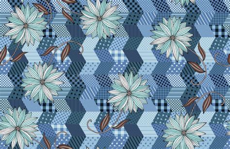 Seamless Pattern With Blue Flowers On Patchwork Background Stock