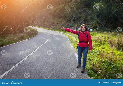 a woman tourist in a jacket hitchhiking on the road walks along the portuguese forest roads