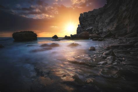Sunlight Landscape Sunset Sea Bay Rock Nature Shore Reflection