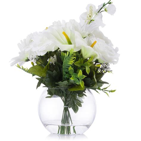 Enova Home Silk Rose Lily Flower Arrangement In Clear Glass Vase With