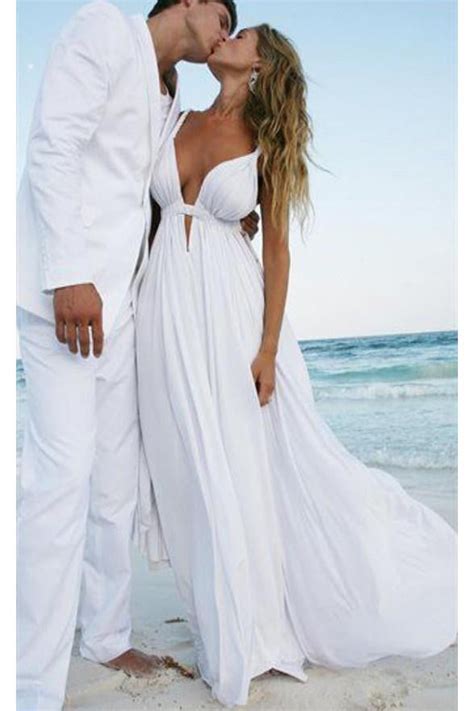 Sexy White Chiffon Deep V Neck Elegant Plus Size Beach Wedding Dresses