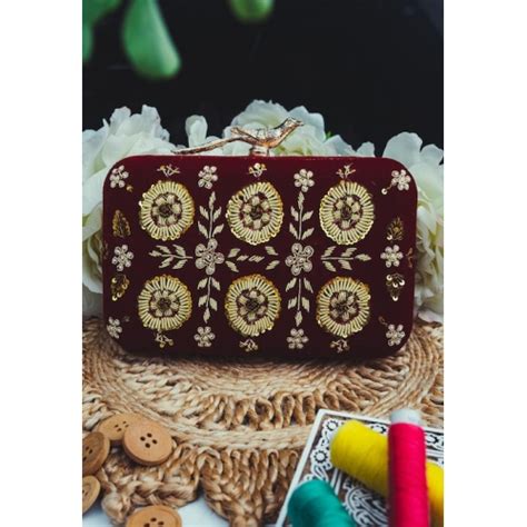 Buy Women Maroon And Gold Toned Hand Embroidered Box Clutch Online