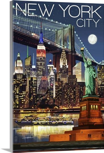 The new york yankees 1987 vintage poster. New York City, NY - Skyline at Night: Retro Travel Poster ...