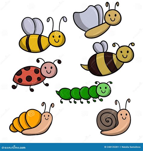Vector Illustration Collection Of Cute Insects Cartoon Insects With A Cute Smile Stock Vector