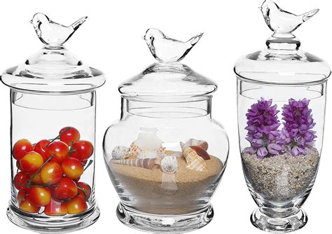 Myt Clear Glass Apothecary Jars 3 Piece Set With Bird Lid Design Wedding Candy