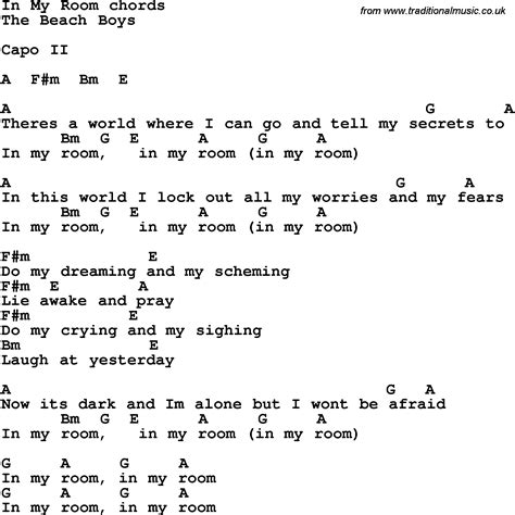 Song lyrics with guitar chords for In My Room