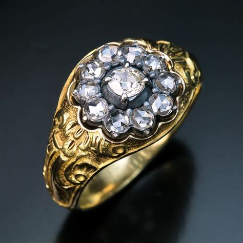 1840s Early Victorian Era Chased Gold Diamond Mens Ring Antique