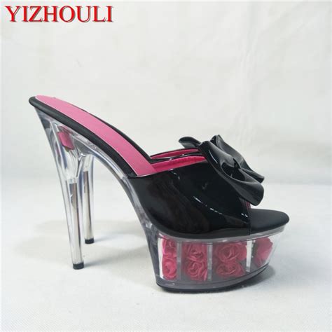 Bow Decoration Stage Banquet Catwalk Show Slippers 15cm High Heel Princess Rose Soles Pole