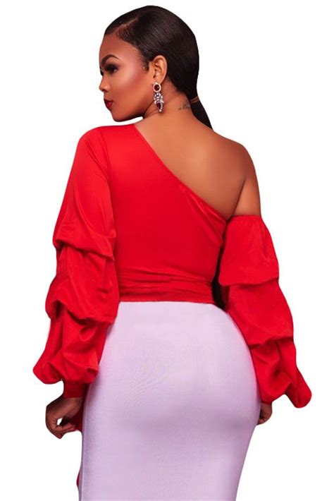 Red Ruffle Shoulder Sleeve Asymmetrical Top Asymmetrical Tops Fall Shirts Women Stunning Tops