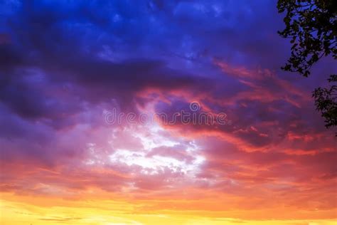 Beautiful Lilac Sunset On Blue Evening Sky Landscape Natural Stock