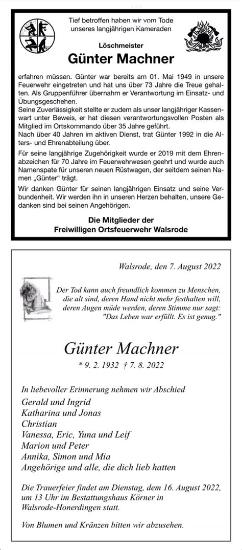 Trauer um unseren langjährigen Kameraden Günter Machner