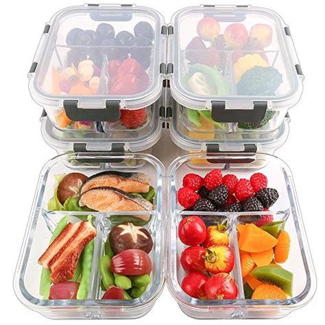 [6 Pack] Glass Meal Prep Containers 3 Compartment With Lids Glass Lunch Containers Food Storage