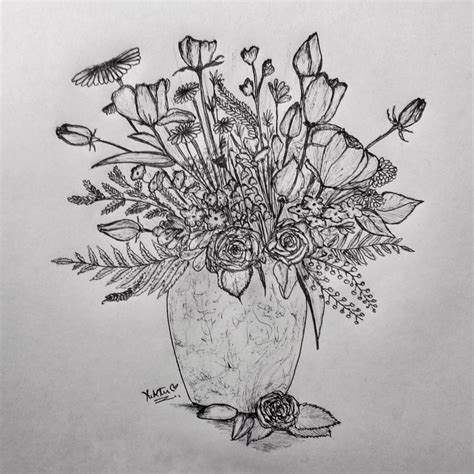 Flower Vase Object Drawing Pen Sketch Ink Pen Art Flower Sketches