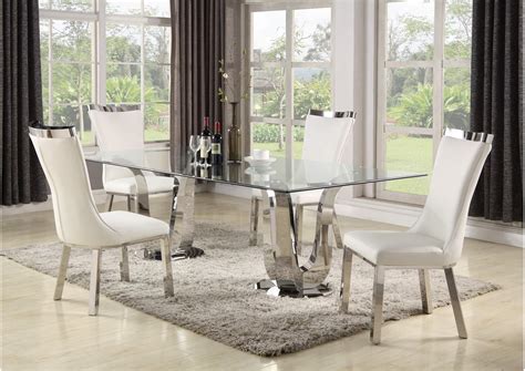 Contemporary Dining Set W Rectangular Glass Table And 4 White Chairs Dinette 1