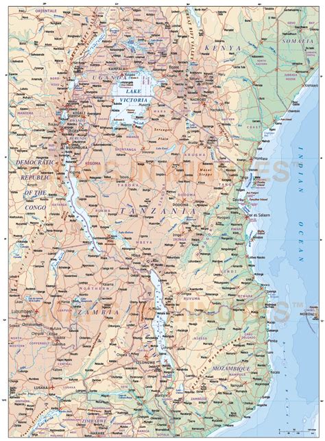 Tanzania Digital Vector Political Road And Rail Map With Land And Ocean